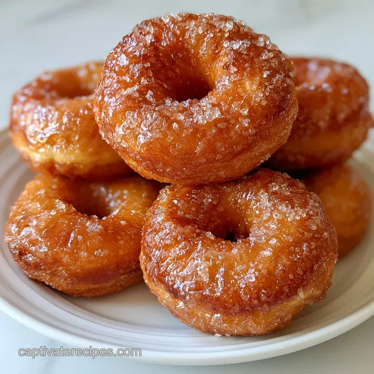 Golden fried rings with glistening clear glaze, arranged on a marble slab with a sprinkle of fresh berries.