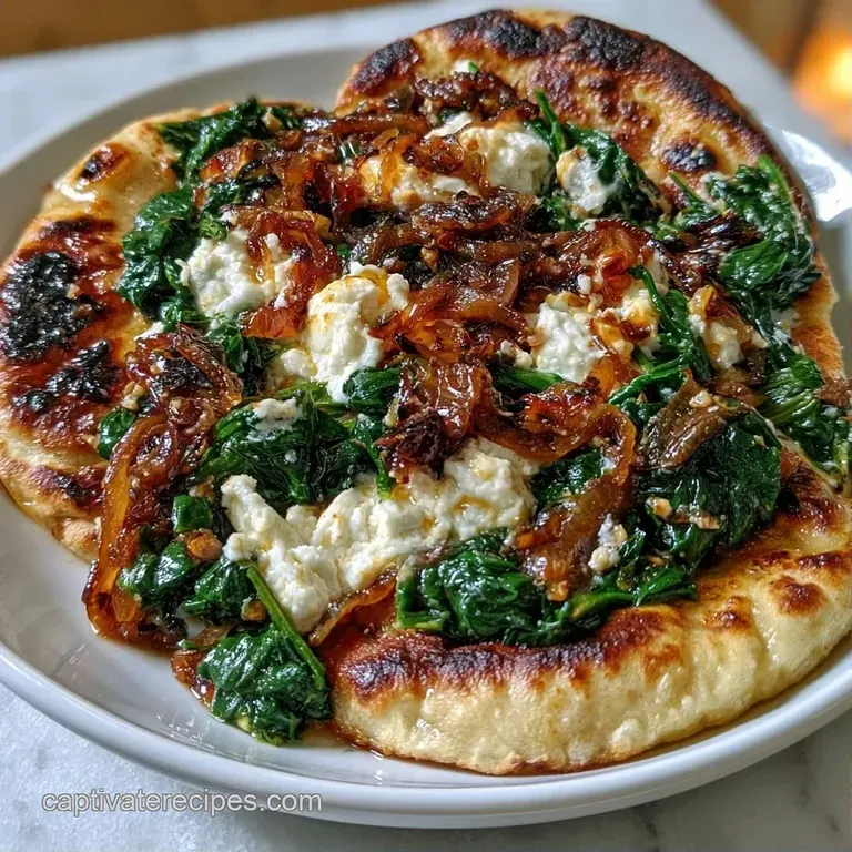 Golden charred flatbread sliced into wedges on a wooden board, topped with creamy white cheese and bright green spinach.