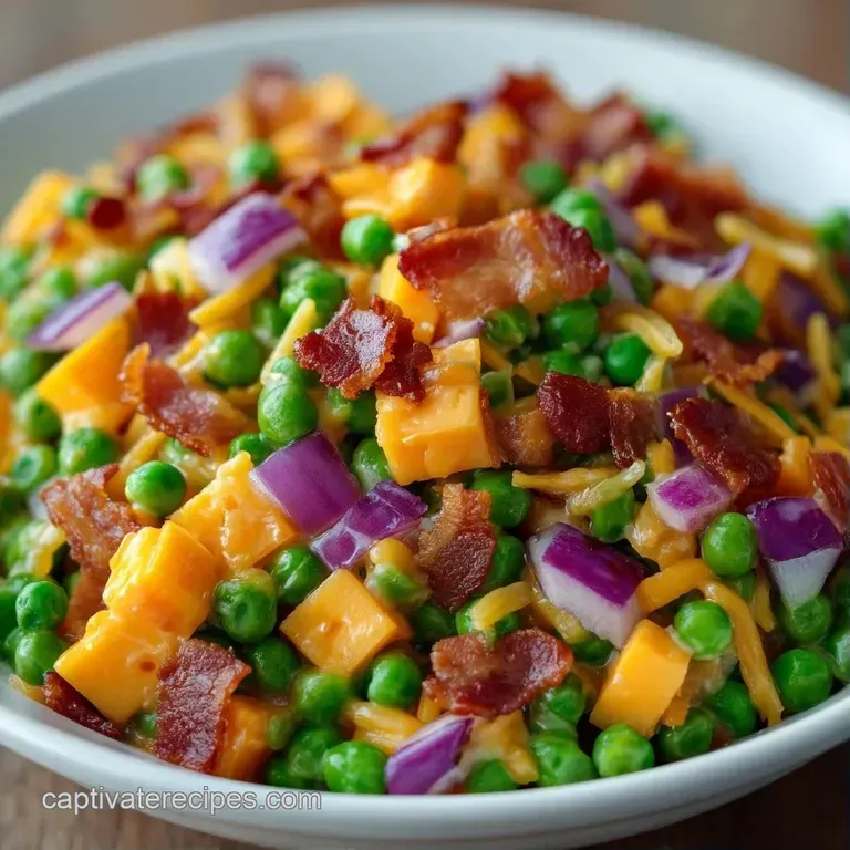 A chilled bowl of vibrant green peas and colorful vegetables tossed in a smooth cream sauce on a white platter.