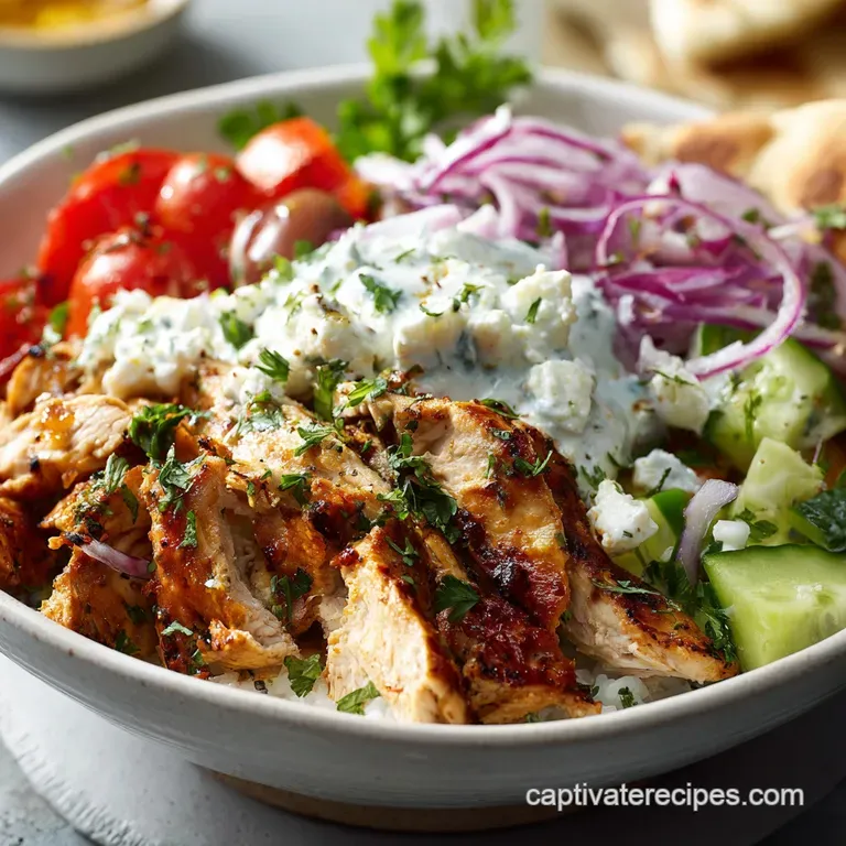 Plated gyro bowl featuring tender chicken, cool cucumber ribbons, warm pita triangles, & a swirl of tangy tzatziki sauce o...
