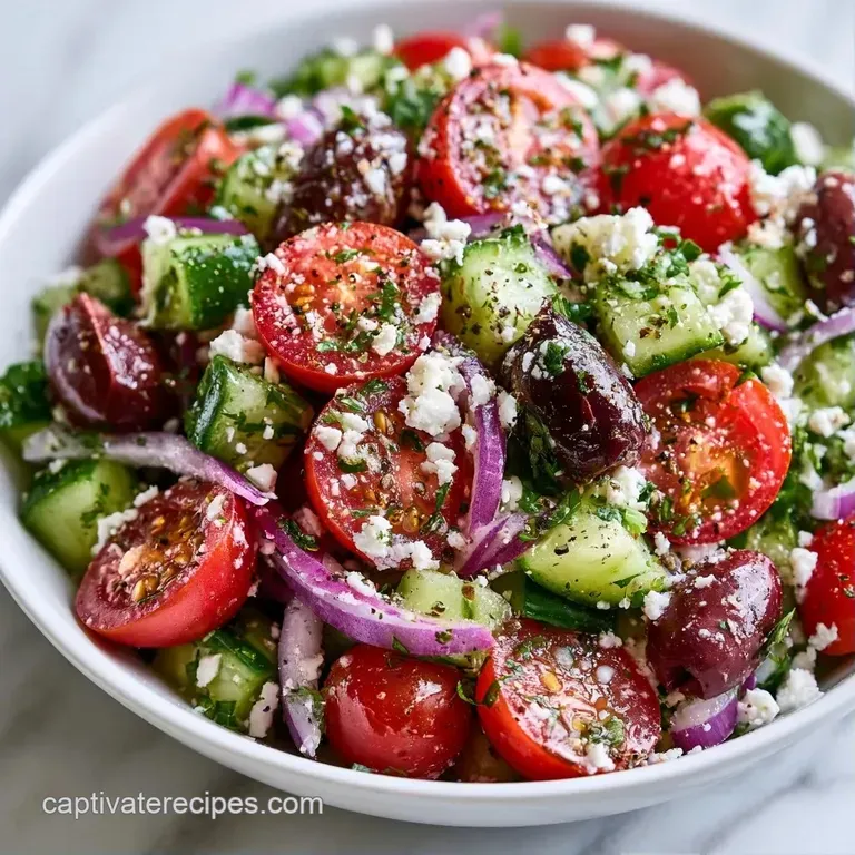 Colorful mix of sliced cucumbers and red onions tossed with white feta and olives on a minimal white ceramic platter.