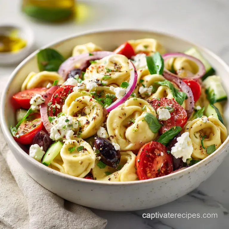 Elegant plate of Greek tortellini salad showcasing plump pasta, fresh herbs, and bright, contrasting vegetable colors.
