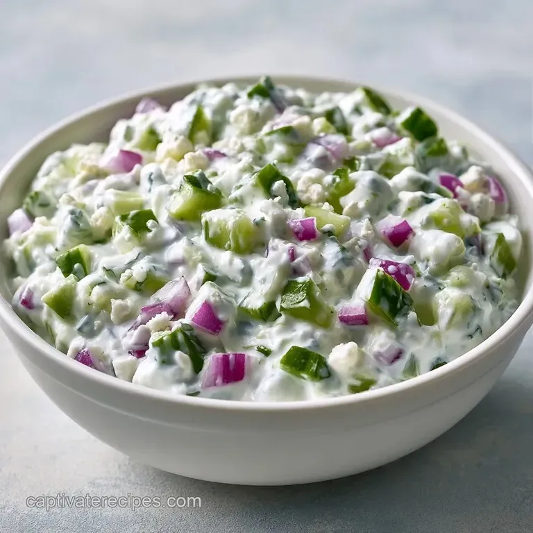 Elegant white ceramic bowl filled with creamy yogurt, crisp cucumber slices, and white feta crumbles on a wood table.
