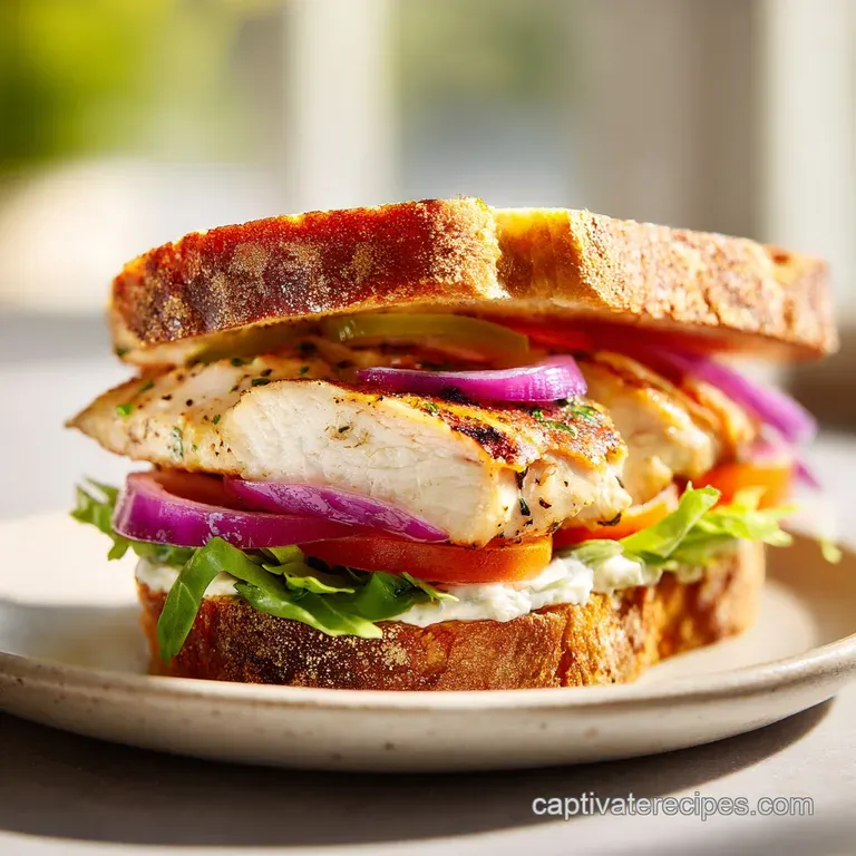 A perfectly grilled chicken sandwich, stacked high with fresh toppings, served with golden fries and a refreshing iced tea.
