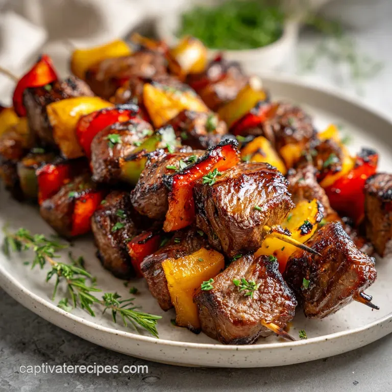 Juicy steak kabob on a white plate, next to a vibrant couscous salad. Parsley sprig adds a touch of freshness.
