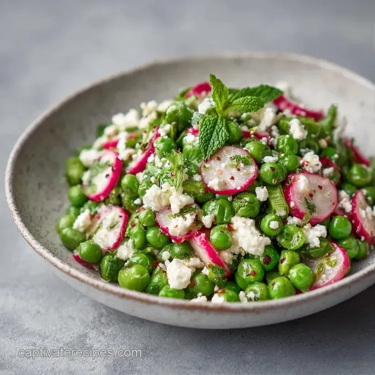 Bright green peas topped with white feta cubes and fresh mint, artfully arranged on a matte grey stone plate.