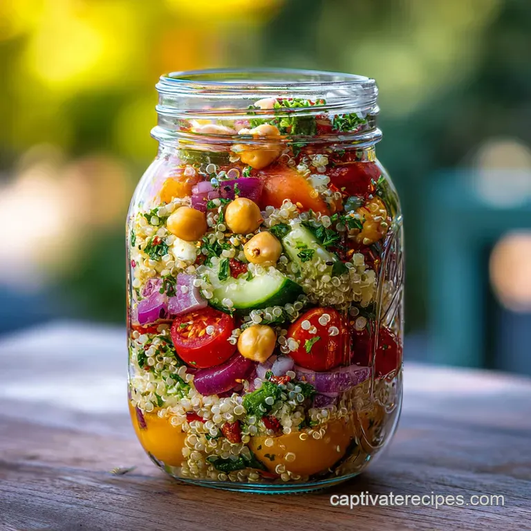 Elegant mason jar salad: neatly layered with crisp greens, bright vegetables, and a tangy dressing on the side.