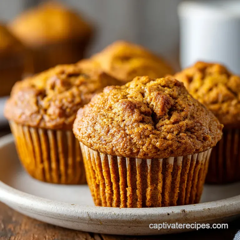 A single pumpkin muffin, bursting with visible spices, sits on a rustic plate, its warm hue contrasting beautifully with t...