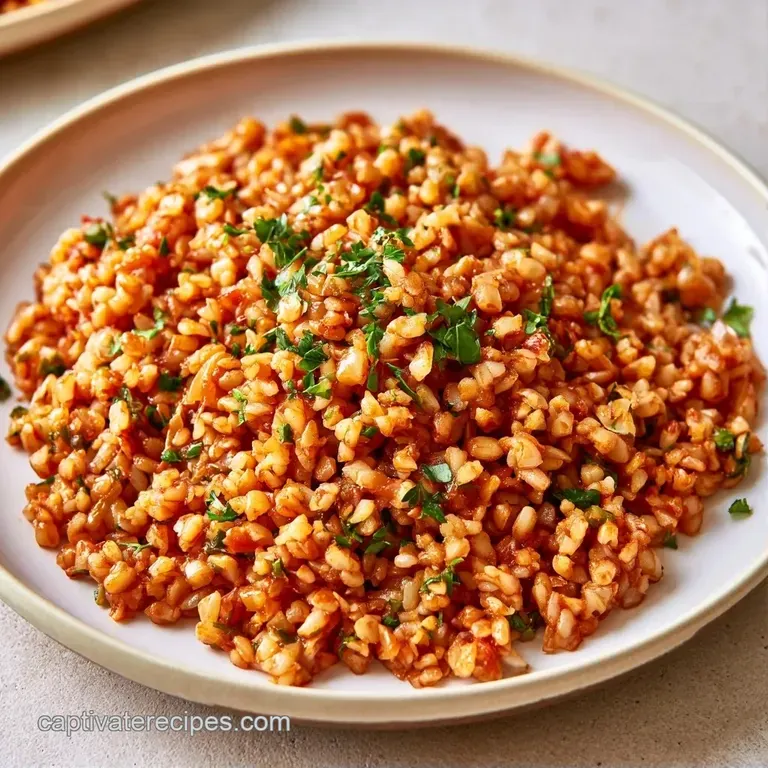 A heap of reddish-brown grains on a white ceramic plate, garnished with sliced green onions and a lemon wedge.
