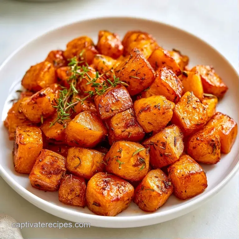 Caramelized orange squash wedges arranged neatly on a ceramic plate, garnished with a sprig of fresh thyme and salt.