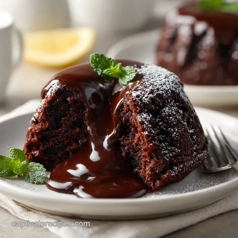 A slice of dark chocolate cake revealing a glossy, molten center on a white plate.