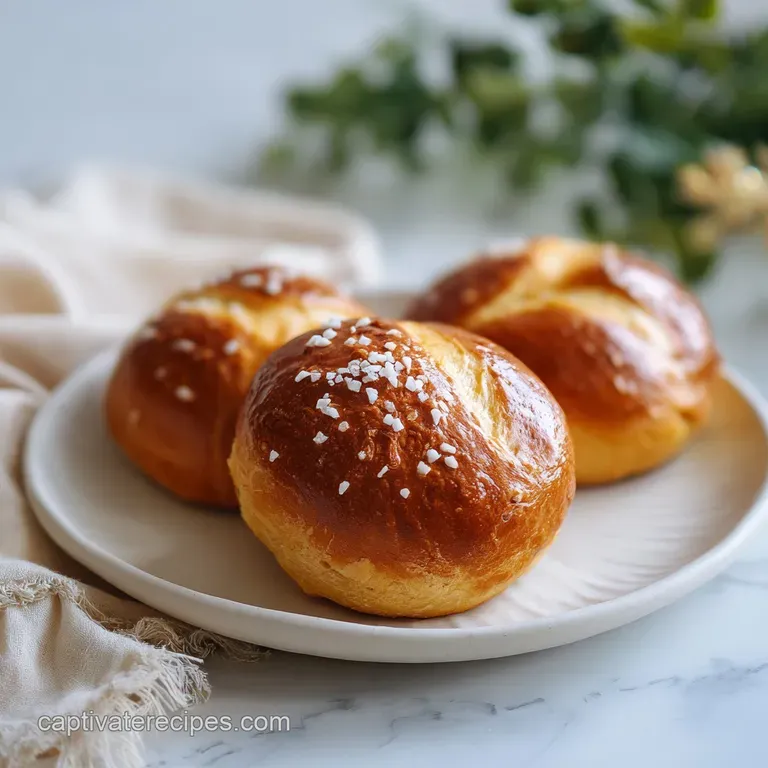 Three glistening pretzel rolls, a deep golden hue, artfully placed on a rustic wooden board.