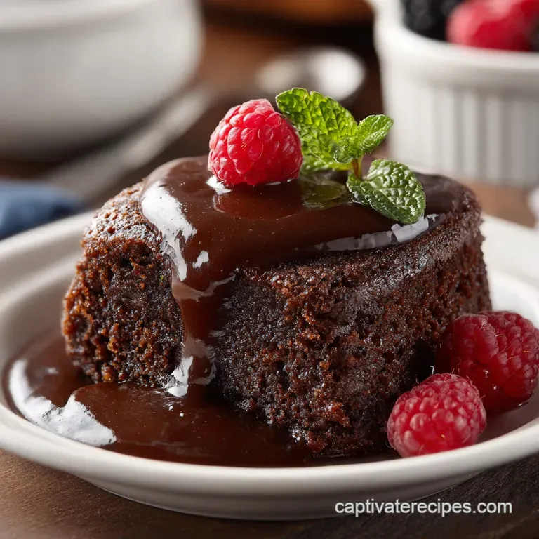 A rich chocolate pudding cake, warm and glossy, served with a swirl of whipped cream.