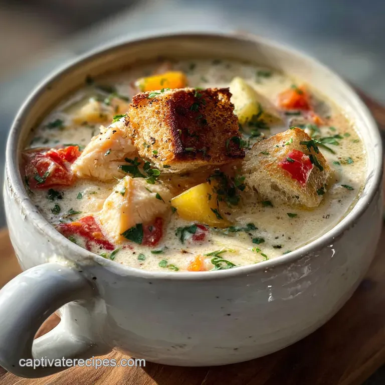 Elegant bowl of creamy fish chowder with fresh parsley garnish. Rustic bread and lemon wedges on the side.