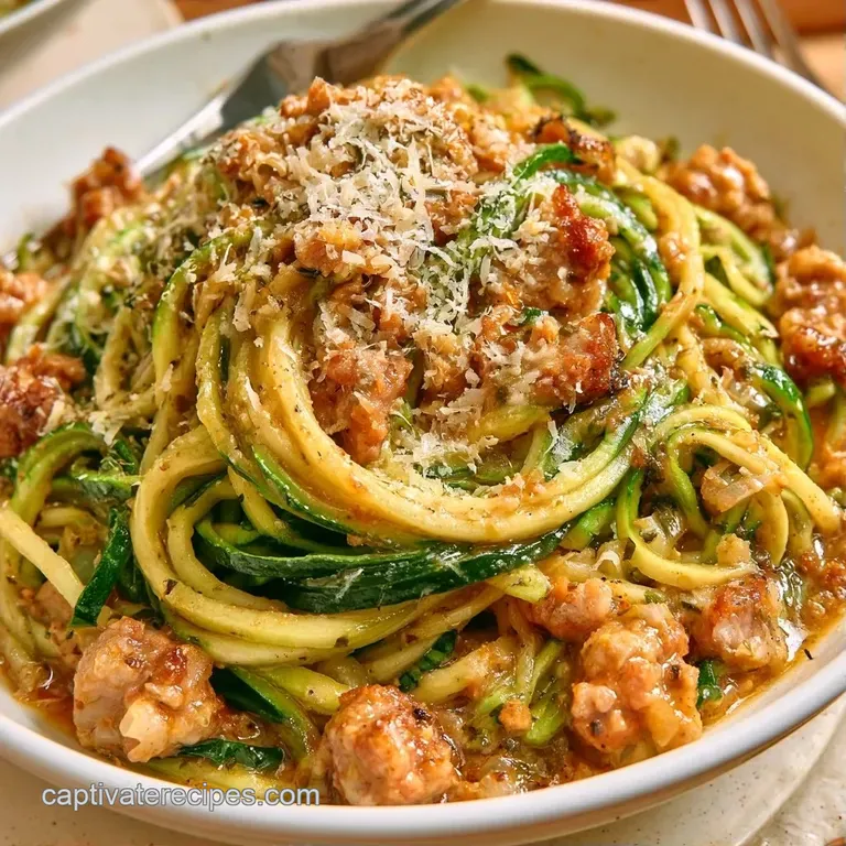 Twirled green vegetable spirals paired with savory browned meat in a white ceramic bowl with fresh parsley.