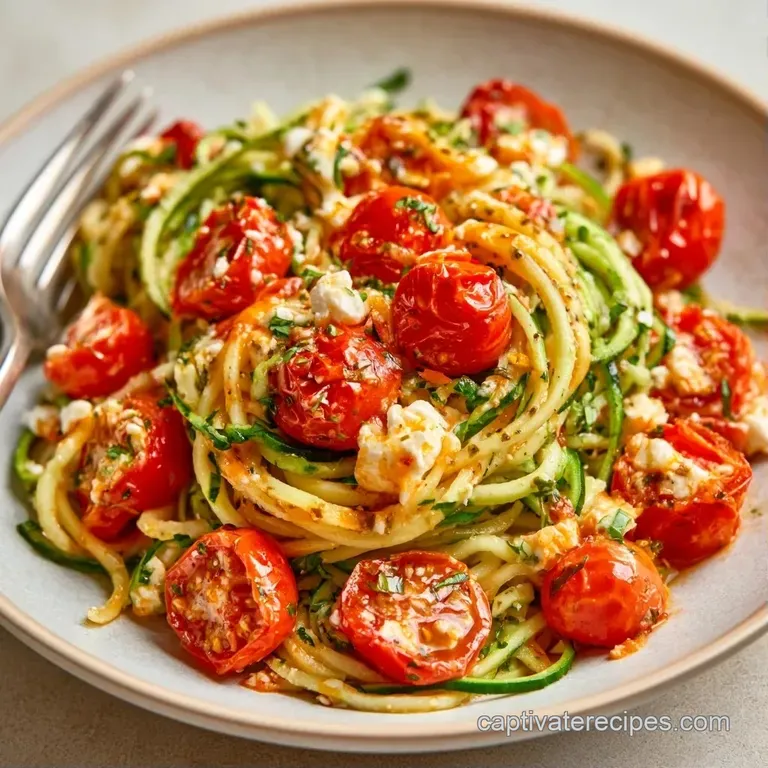 Elegant plating of creamy white cheese pasta topped with charred cherry tomatoes and vibrant green herbs