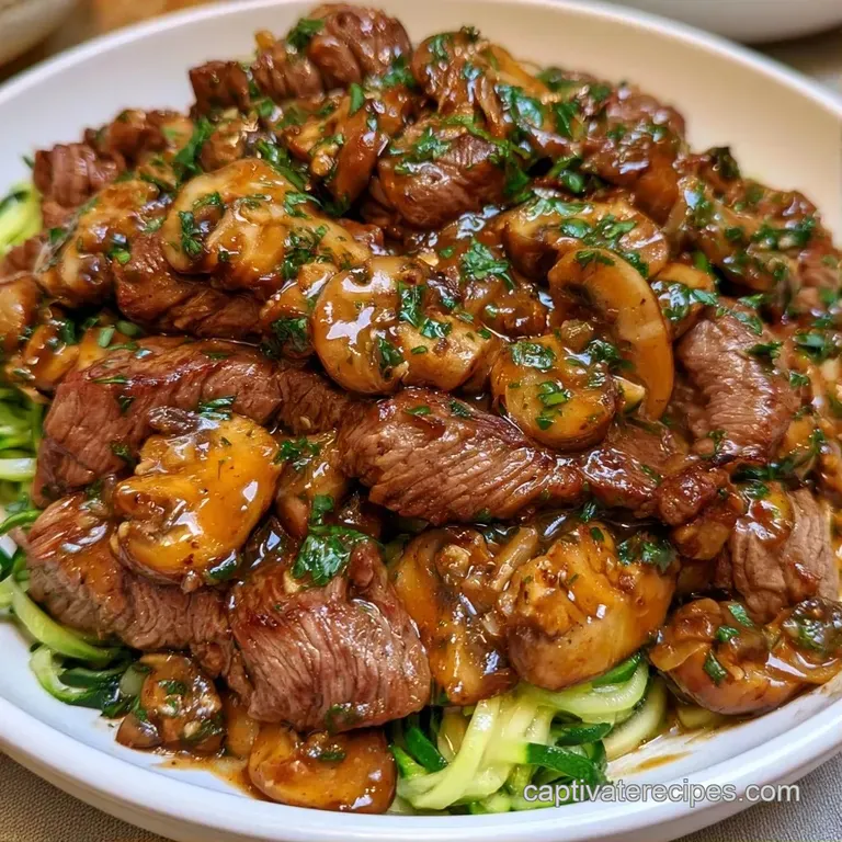 Swirls of buttery noodles topped with a rich, creamy mushroom sauce and beef, garnished with fresh green parsley.
