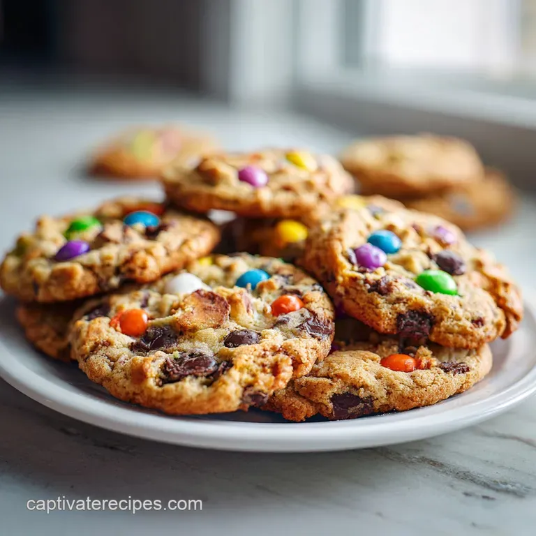 Stack of chewy cookies with pretzel bits, chocolate chunks and colorful sprinkles, oozing deliciousness, against a soft, b...
