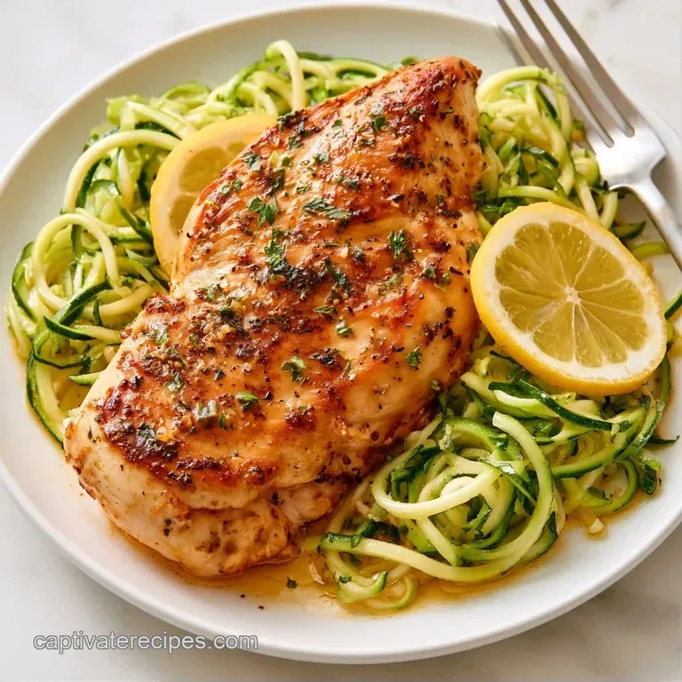 A white ceramic bowl filled with twisted green zoodles, seared chicken, and thin lemon wheels on a marble surface