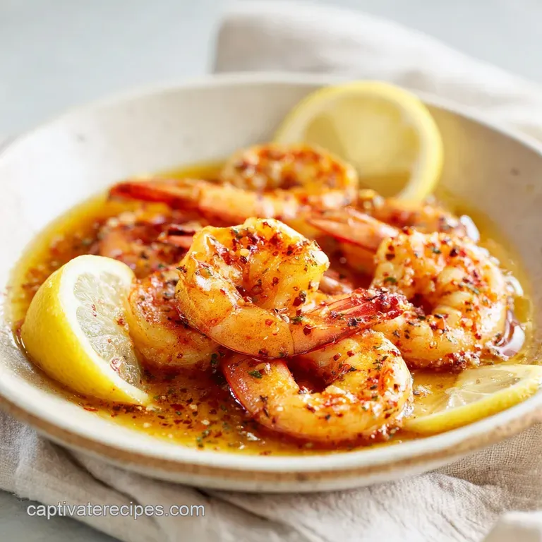 Neatly arranged seared shrimp on a white ceramic plate, drizzled with golden butter and garnished with a lemon twist.