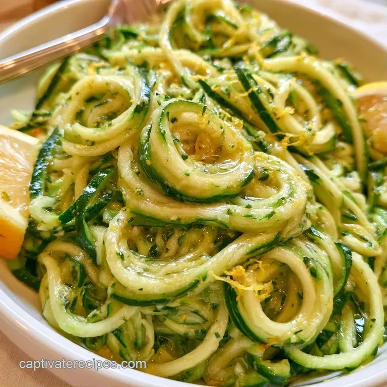 Spiraled zucchini noodles swirled on a plate, topped with a bright lemon wedge and a pinch of red pepper flakes.