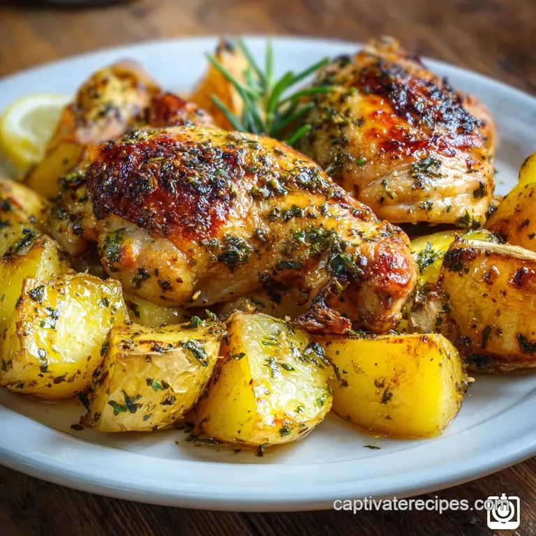Crisp-skinned chicken and fluffy potatoes plated with herbs, bright lemon slice garnish. Warm, inviting, and ready to eat.