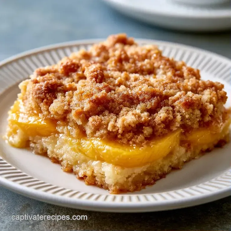A warm slice of golden fruit dessert topped with melting vanilla ice cream on a clean white ceramic plate.