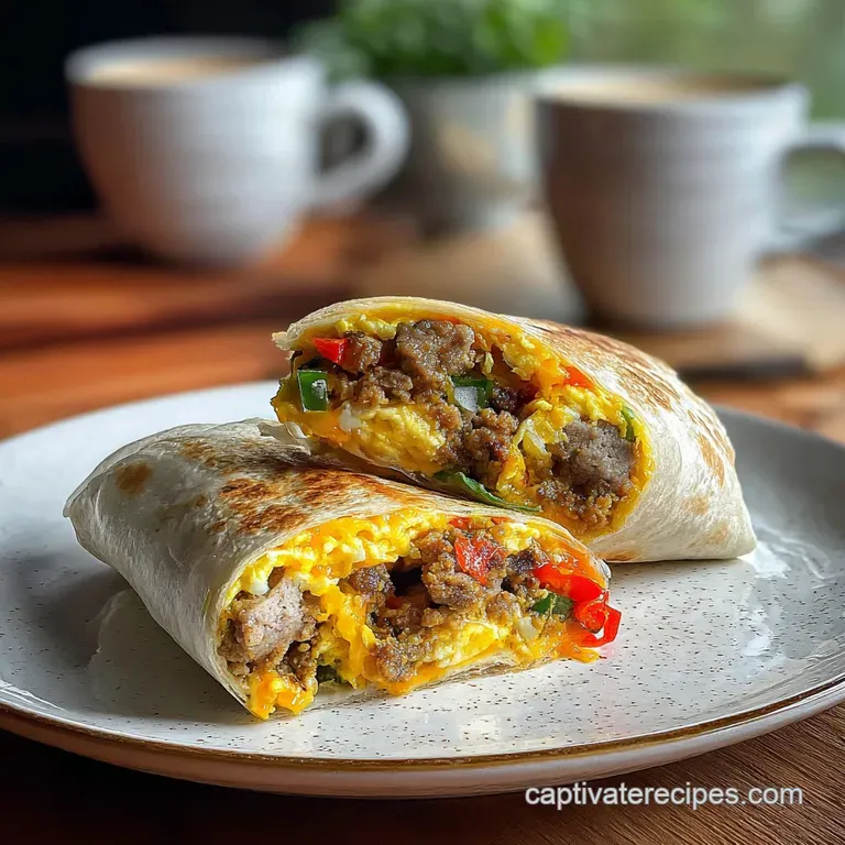 Warm breakfast burrito halves on a plate, vibrant green avocado slices and a dollop of tangy sour cream beside.