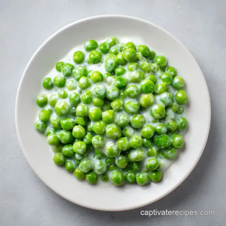Chilled bright green peas mixed with diced red onion and orange carrots served in a minimalist white ceramic bowl.