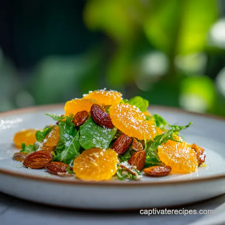 Elegant mandarin salad plating: stacked greens, juicy orange slices, sprinkled nuts, and a light dressing drizzle. Fresh, ...