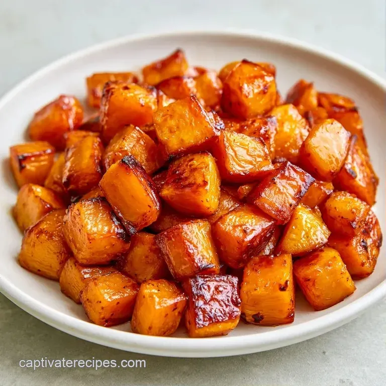 Vibrant orange squash cubes arranged on a matte white plate, glistening under soft light with a sprinkle of sea salt.