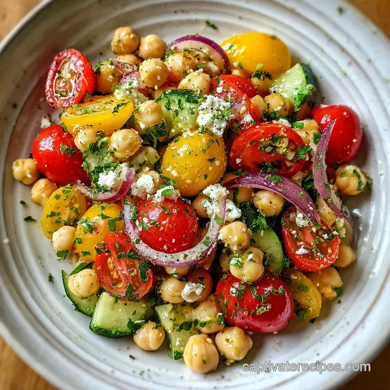 Mediterranean chickpea salad beautifully plated. Glossy olive oil glistens on colorful fresh vegetables and herbs.