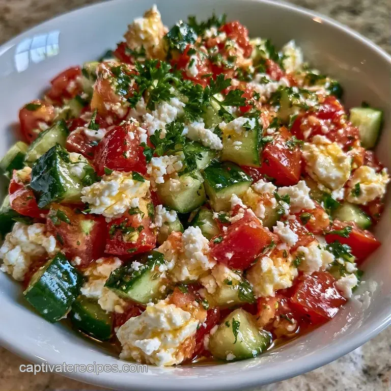 Beautifully arranged salad in a white bowl, showcasing juicy tomatoes and crunchy cucumbers drizzled with olive oil.