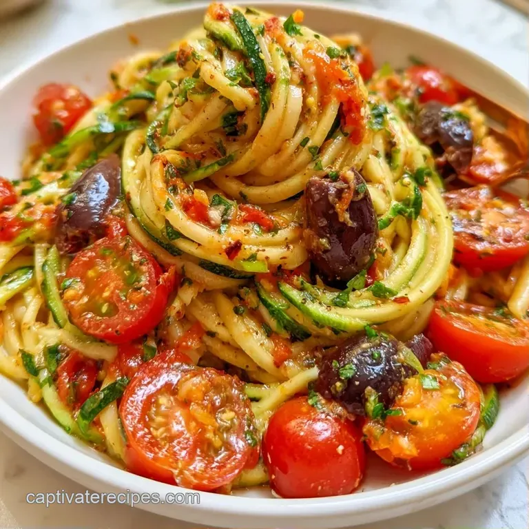 Swirled green zucchini noodles in a white ceramic bowl topped with red tomatoes and crumbled white feta cheese.
