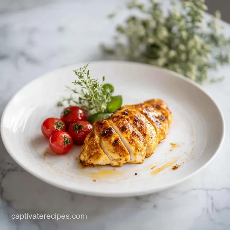 A tender chicken thigh with a crispy, golden-brown topping, artfully arranged with a sprinkle of fresh herbs.