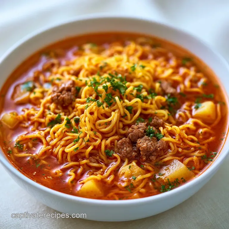 Clear golden broth in a white ceramic bowl topped with sliced green onions and savory browned meat crumbles.
