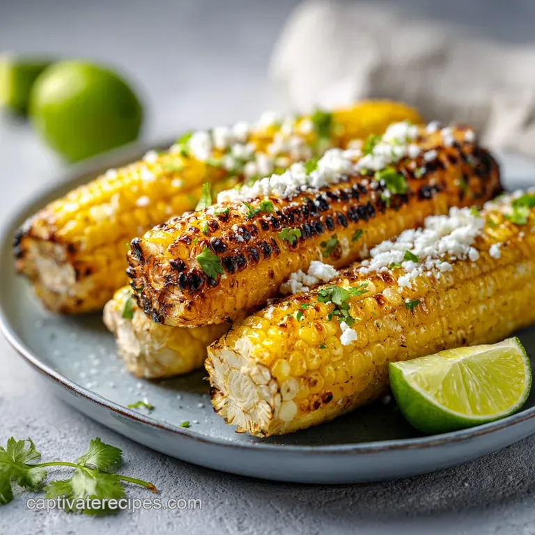 A shallow white bowl filled with steaming Mexican corn, sprinkled with crumbled cotija cheese and a lime wedge.