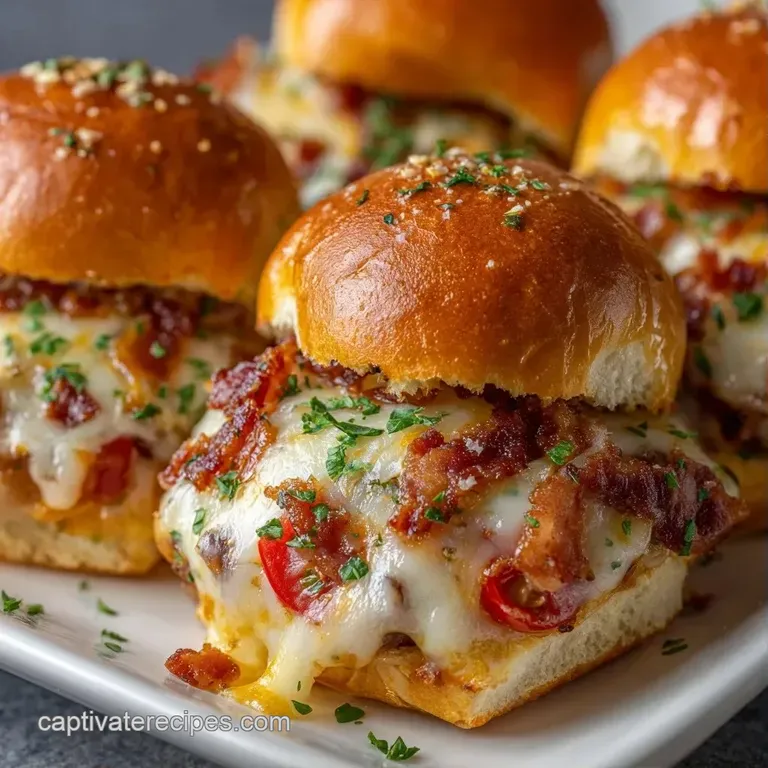Small open-faced sandwiches with melted cheese and crispy bacon arranged neatly on a white ceramic serving tray.