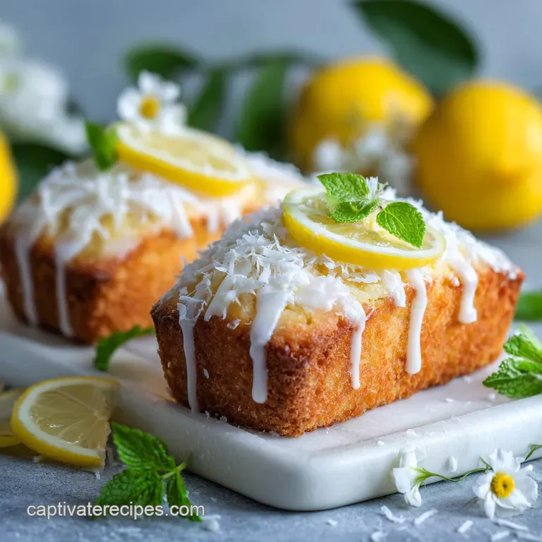 Single lemon coconut loaf cake on a white plate, drizzled with glaze. Fluffy, bright, and topped with toasted coconut shav...