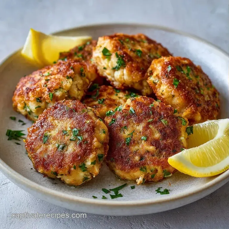 Bite-sized seared seafood patties topped with creamy remoulade and microgreens on a clean white porcelain platter.