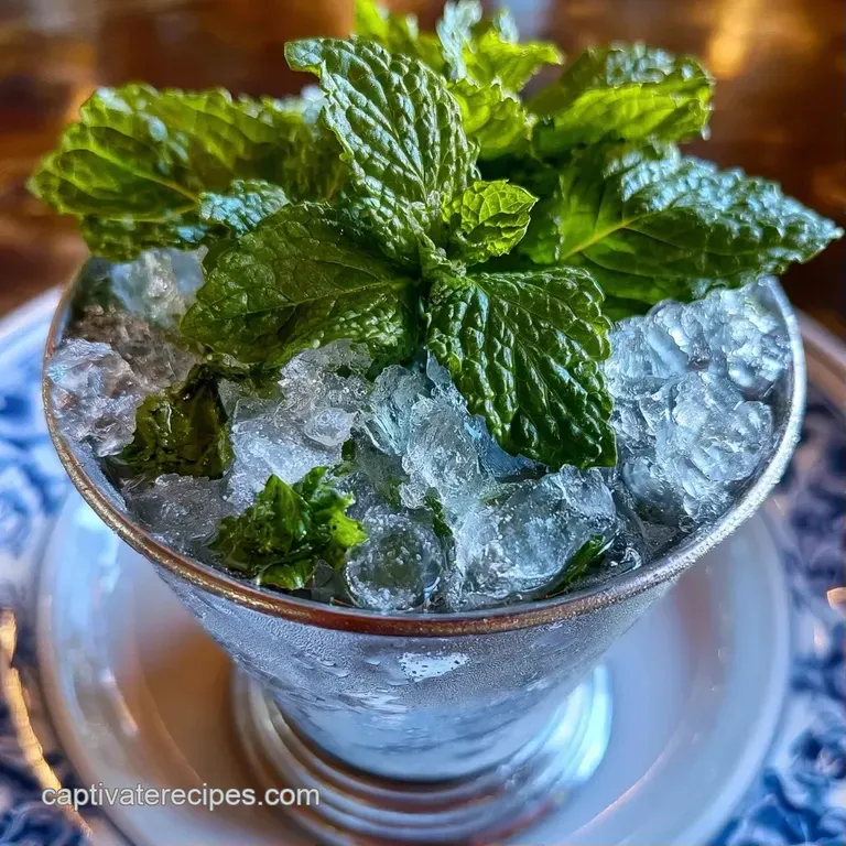 A frosted copper mug overflowing with crushed ice and vibrant green mint leaves on a white marble surface.