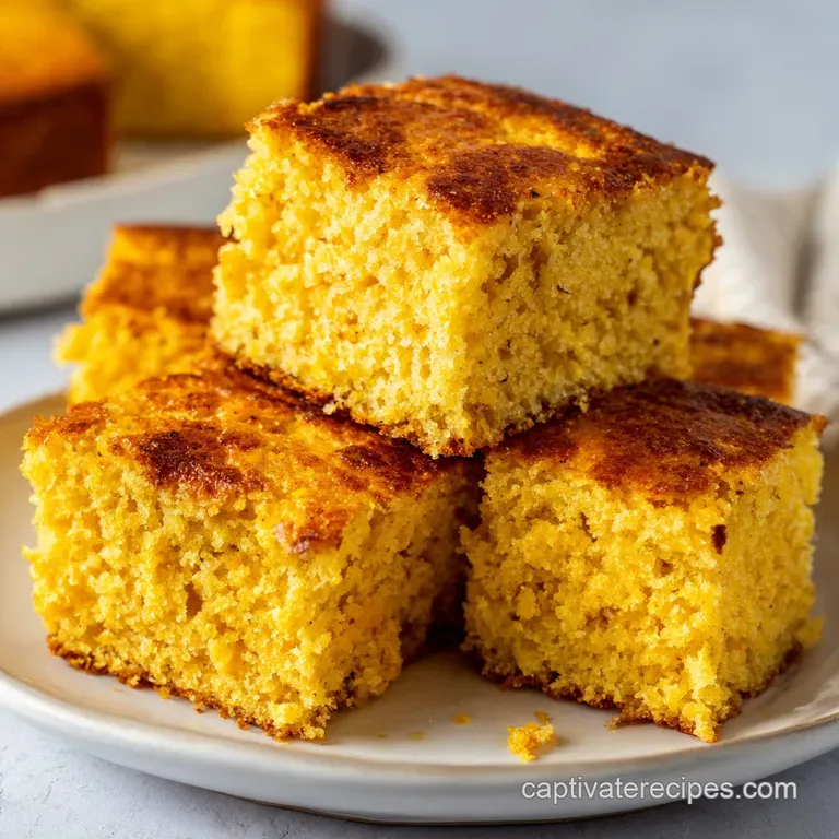 A thick, honey-hued slice of warm cornbread on a white ceramic plate with a small pat of melting salted butter.