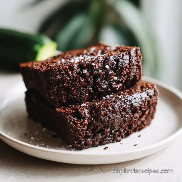 Slice of dark chocolate zucchini bread on a plate, showing moist interior. Chocolate chips glisten. Sugar sprinkled on top.