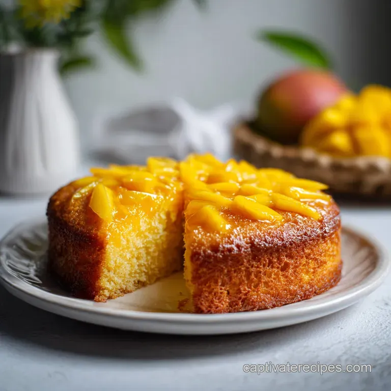 Elegant slice of moist mango cake on a patterned plate, a dusting of powdered sugar, evoking a sense of delicate sweetness...