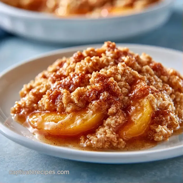 A scoop of warm, cinnamon-spiced fruit topped with a crisp oat crust, served with a dollop of melting vanilla ice cream.