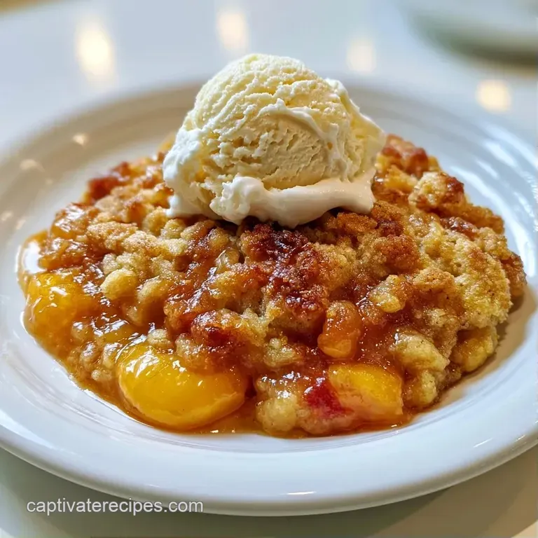 A slice of warm fruit crisp topped with a melting scoop of vanilla ice cream and a sprig of mint on a white ceramic plate.