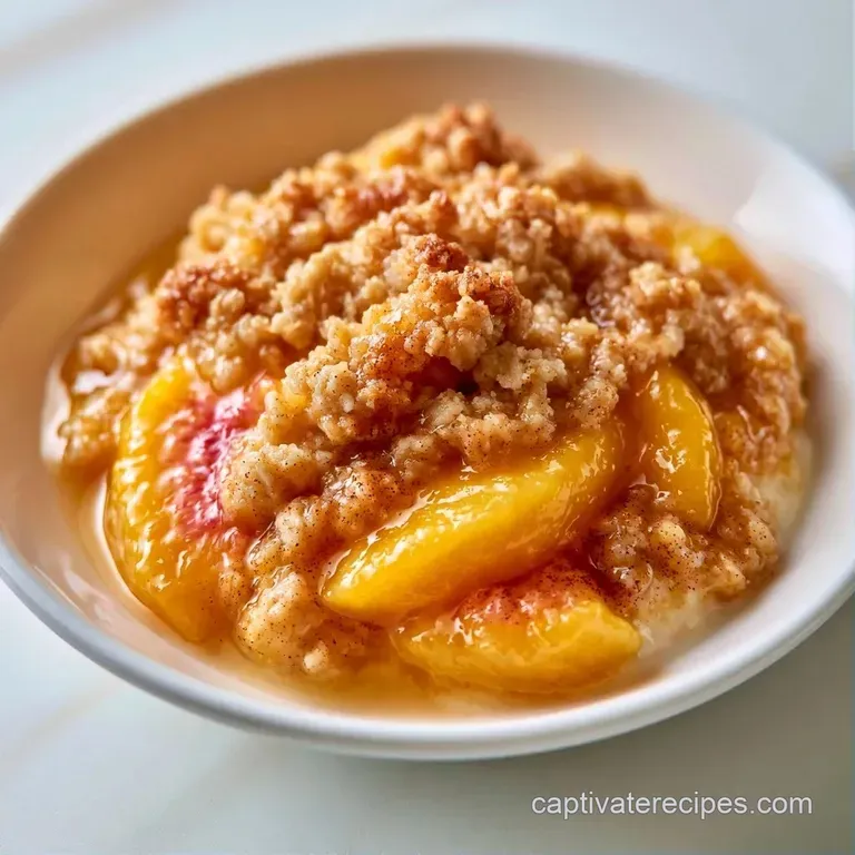 A scoop of warm, bubbling fruit topped with a crisp oat crumble and a melting dollop of vanilla ice cream.