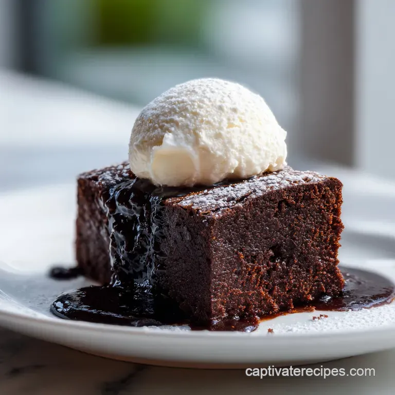A glistening brownie, topped with powdered sugar, sits on a white plate, hinting at a soft, fudgy center.