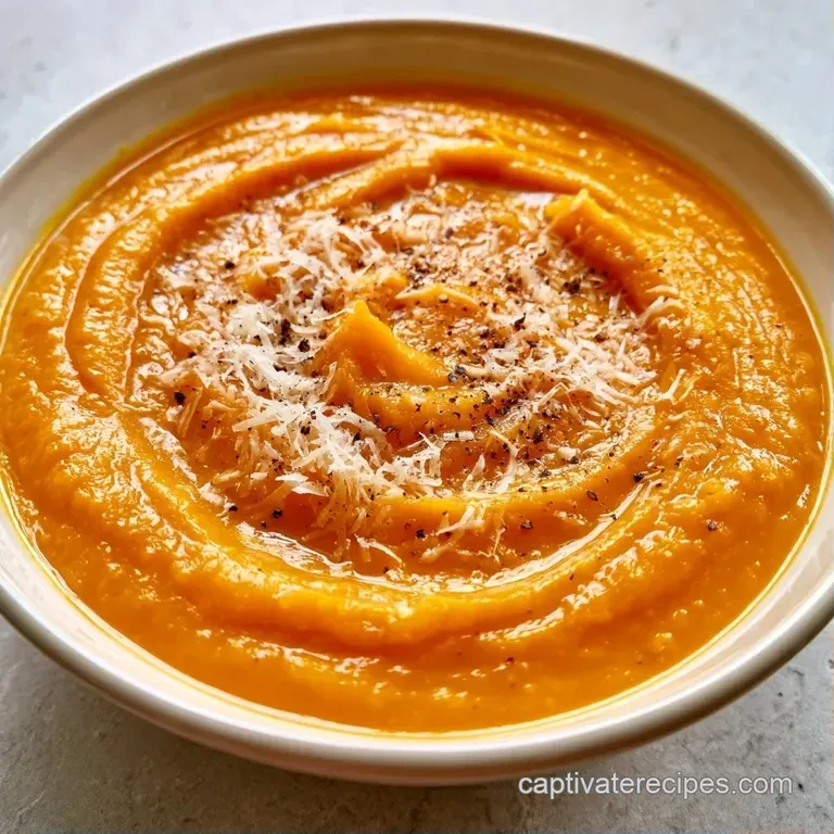 Vibrant orange soup served in a shallow ceramic bowl with a drizzle of olive oil and a sprinkle of grated parmesan cheese.
