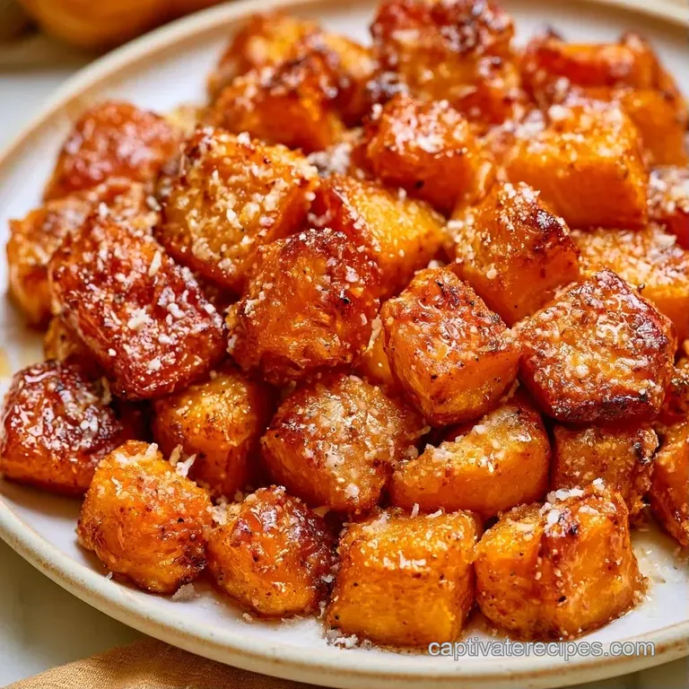 Vibrant orange squash cubes piled high on a dark platter, finished with bright green herbs and melted cheese.